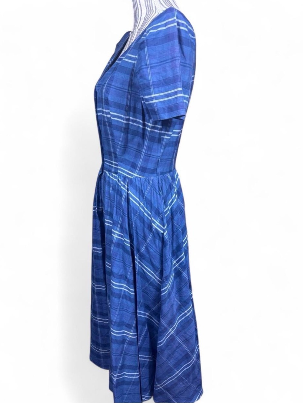 Diane Von Furstenburg 1970s vintage 100% multi tone blue cotton plaid midi dres - Picture 7 of 8